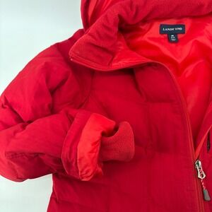 Lands End Womens Red Down Puffer Parka Hooded Winter Coat Medium 10-12